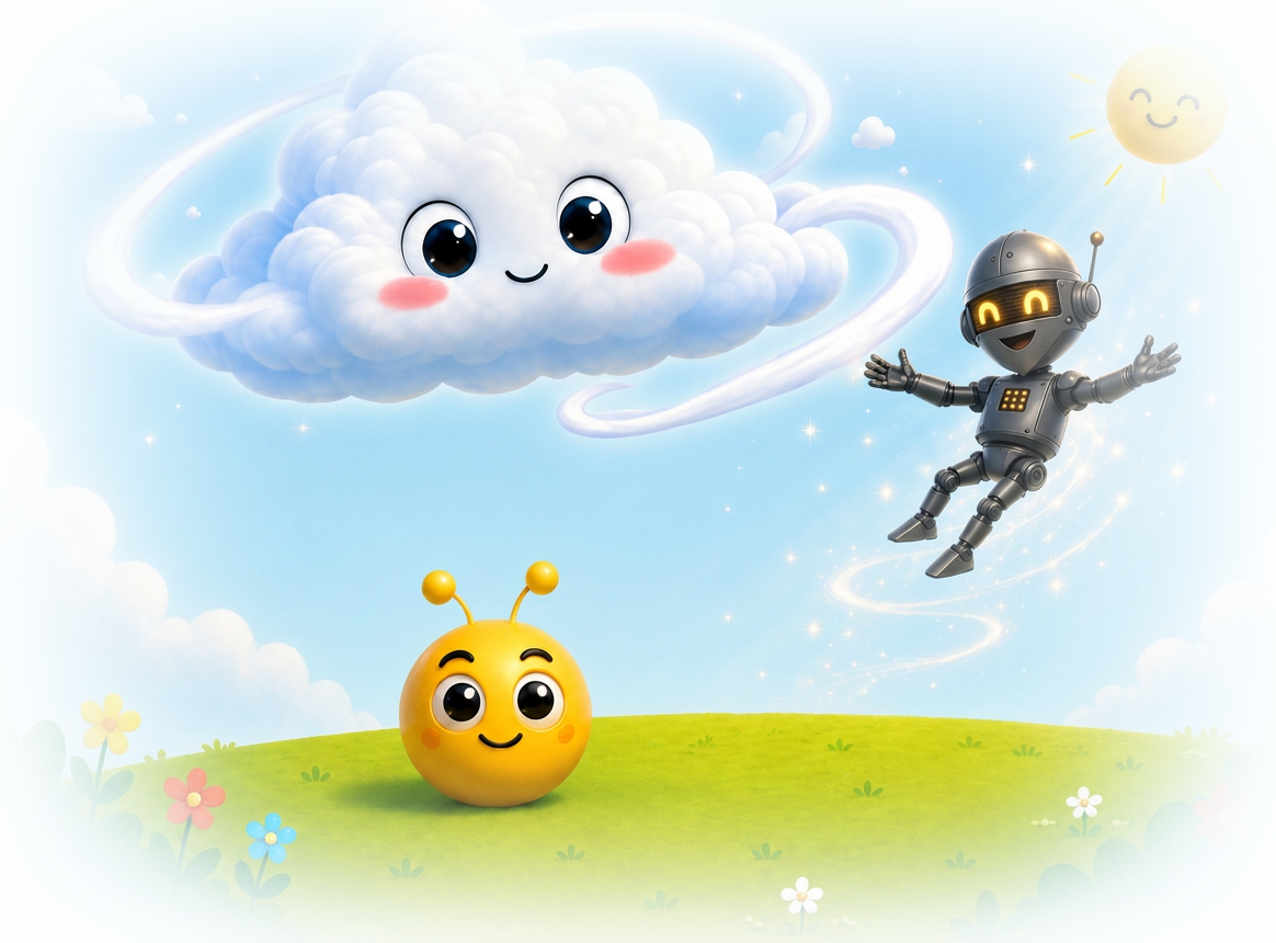 Cliky, Cumulus et Tagotin saluent sur une colline ensoleillée